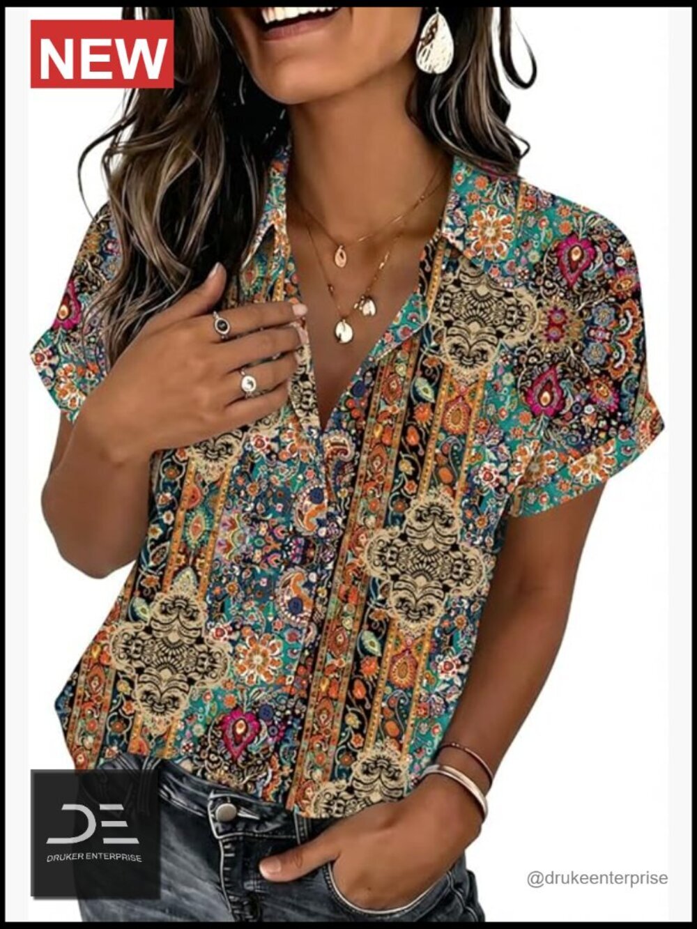 Short Sleeve Button Down Blouse V-Neck Casual Summer Top
